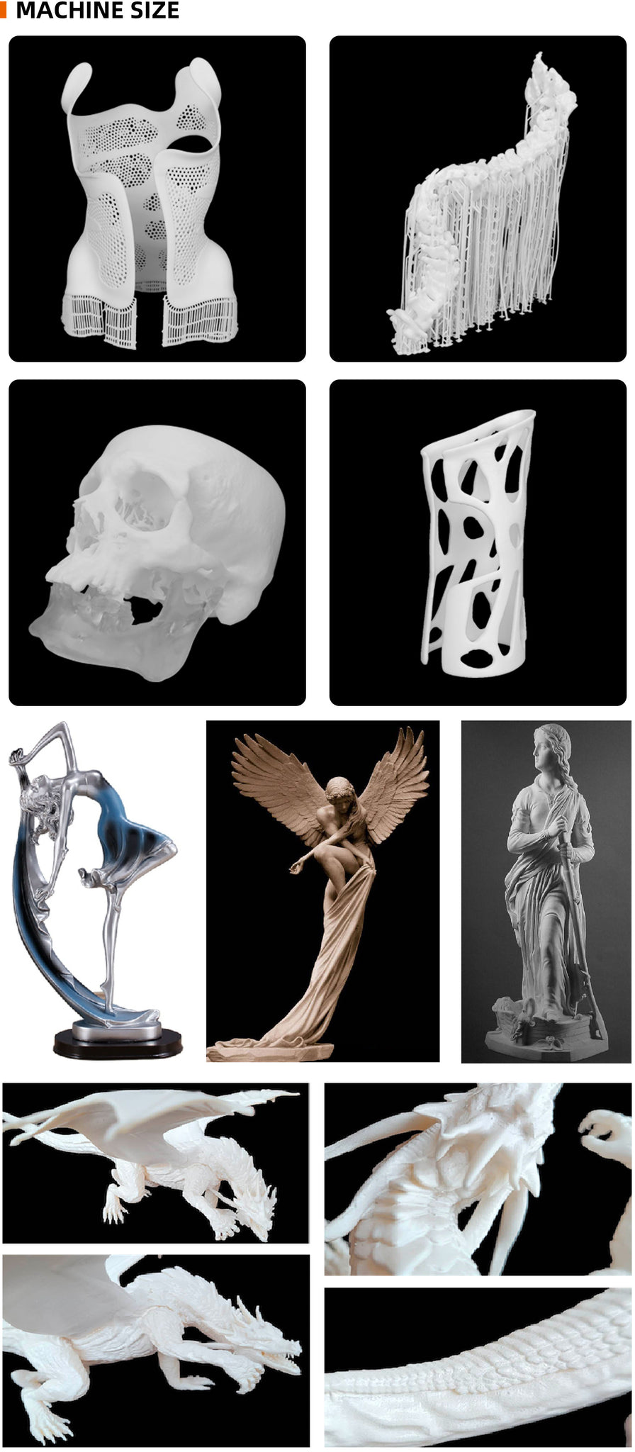 Large-format resin application examples, including intricate models and structures